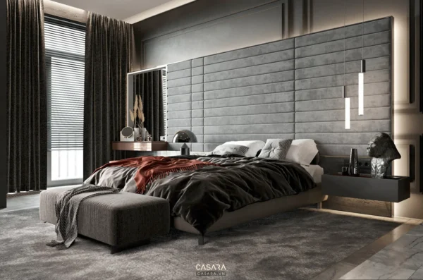 Phòng ngủ hiện đại, sang trọng với tông màu xám chủ đạo, ánh sáng ấm áp.