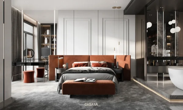 Phòng ngủ hiện đại, sang trọng với tông màu cam và trắng ấm cúng.