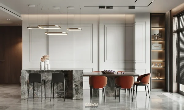 Phòng ăn hiện đại, sang trọng với thiết kế tối giản tinh tế.