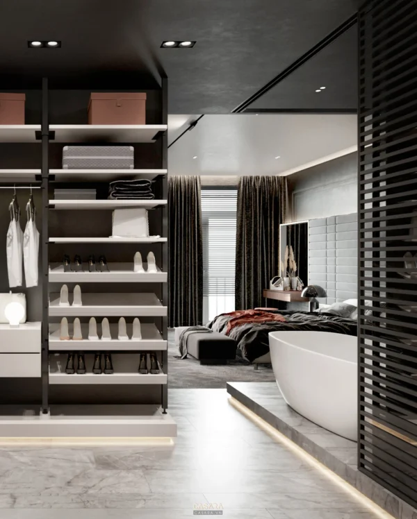 Phòng ngủ hiện đại, sang trọng với tủ quần áo lớn và bồn tắm trắng.