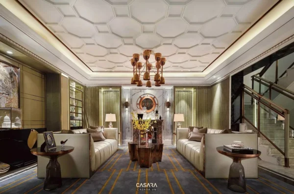 Phòng khách sang trọng với thiết kế đối xứng, ánh sáng vàng ấm áp.