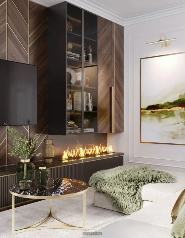 Phòng khách hiện đại với tủ kệ gỗ và lò sưởi điện độc đáo.