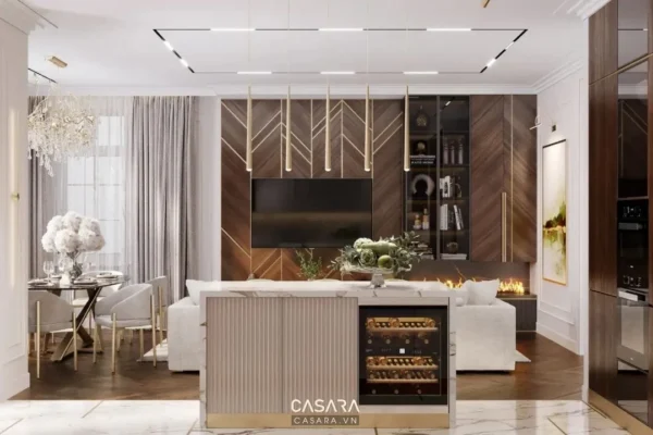 Phòng khách sang trọng với thiết kế hiện đại, tông màu trung tính ấm áp.