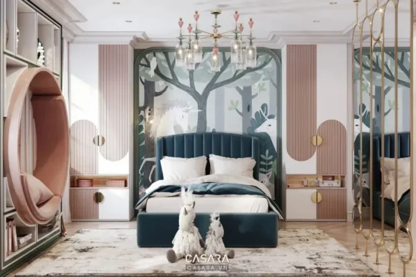 Phòng ngủ trẻ em hiện đại với giường và tường trang trí cây xanh.