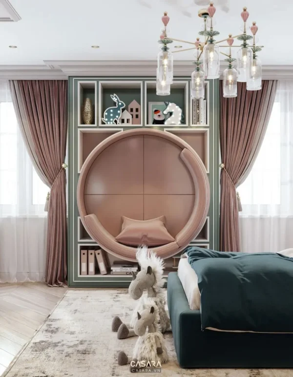 Phòng ngủ trẻ em ấm cúng với thiết kế độc đáo, màu sắc hài hòa.
