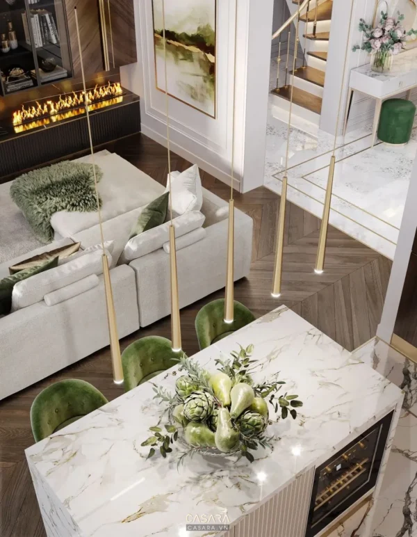 Nội thất phòng khách sang trọng, hiện đại với tông màu trung tính ấm áp.