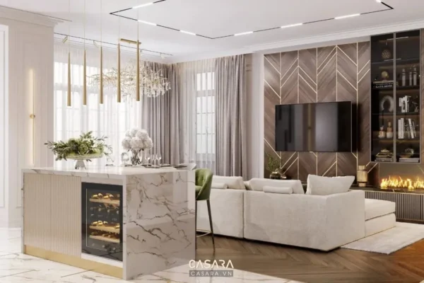 Phòng khách hiện đại, sang trọng với nội thất tinh tế, ánh sáng ấm áp.