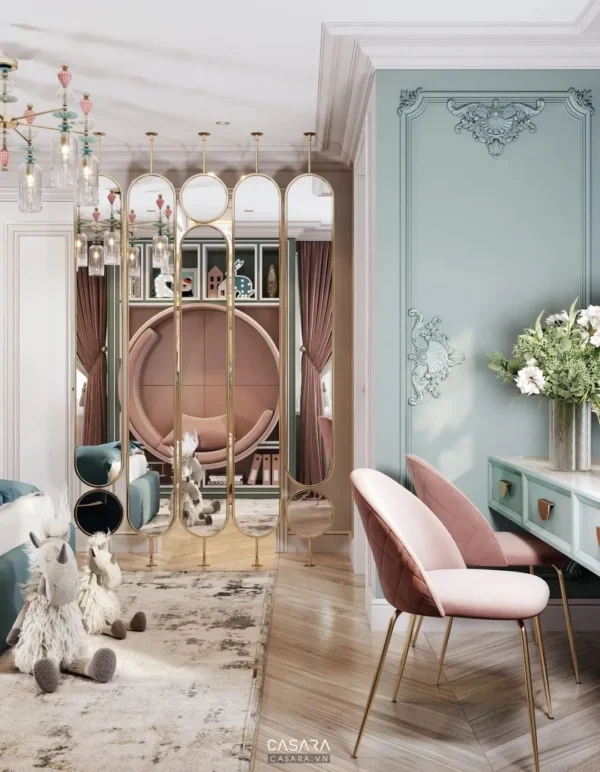 Phòng ngủ công chúa lãng mạn với tông hồng, xanh dịu ngọt.