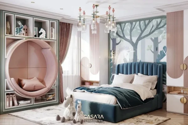 Phòng ngủ trẻ em ấm cúng với thiết kế độc đáo, màu sắc tươi sáng.