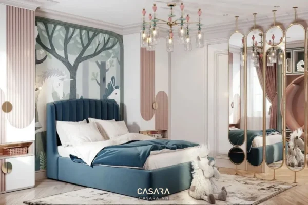 Phòng ngủ hiện đại, ấm cúng với tông màu xanh, hồng dịu nhẹ.
