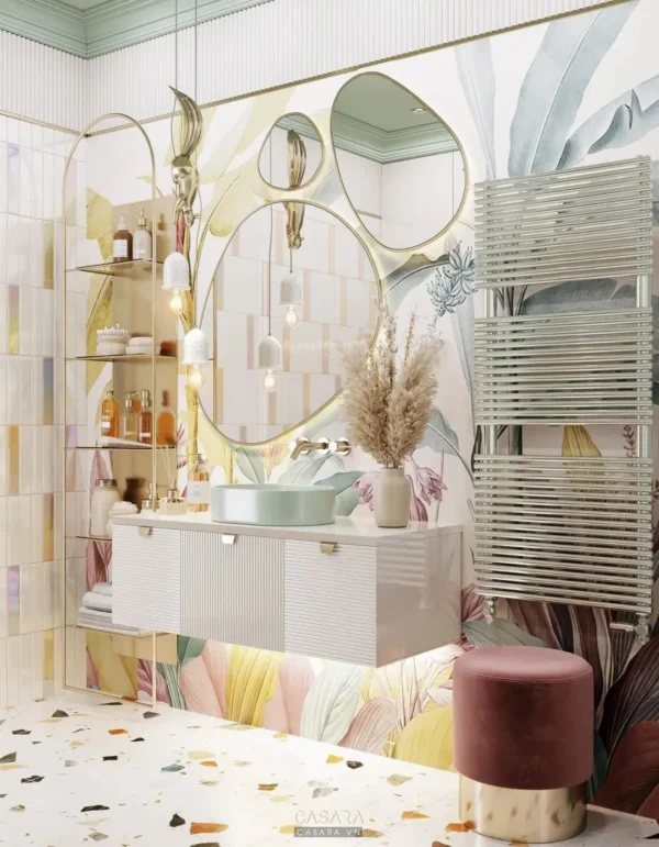 Phòng tắm hiện đại, sang trọng với gạch ốp và nội thất tinh tế.