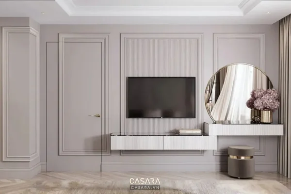 Phòng ngủ hiện đại, sang trọng với tông màu xám chủ đạo.