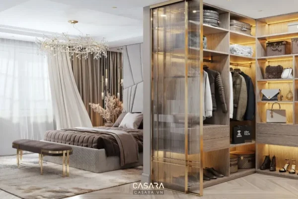 Phòng ngủ sang trọng, hiện đại với tủ quần áo kính lớn.