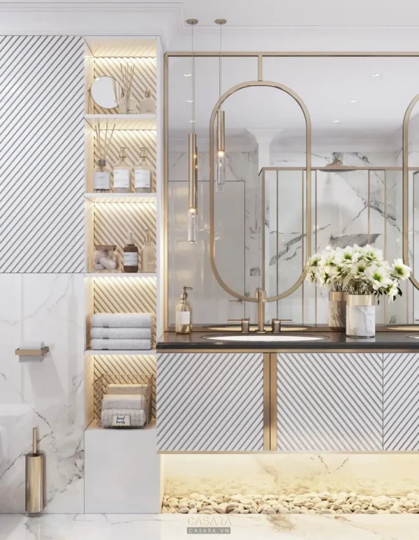 Phòng tắm sang trọng với thiết kế hiện đại, ánh sáng ấm áp.