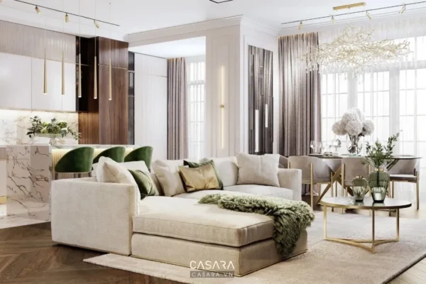 Phòng khách hiện đại, sang trọng với gam màu trung tính ấm áp.