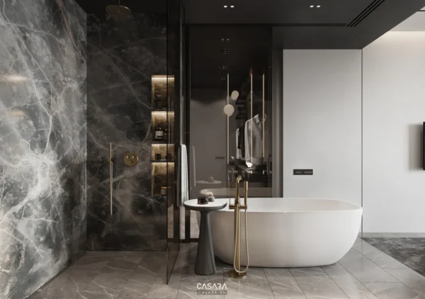 Phòng tắm sang trọng, hiện đại với đá cẩm thạch và nội thất tối giản.