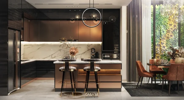 Phòng bếp hiện đại, sang trọng với tông màu nâu, đen và trắng.