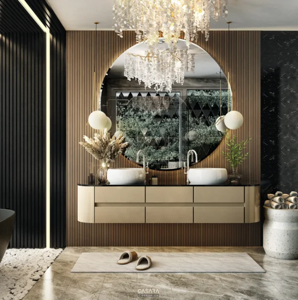 Phòng tắm hiện đại với gương tròn lớn và thiết kế gỗ trang nhã.