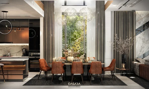 Phòng ăn hiện đại, sang trọng với khung cửa sổ lớn nhìn ra khu vườn xanh.