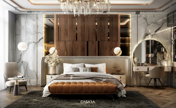 Phòng ngủ sang trọng với thiết kế nội thất hiện đại, ấm cúng.