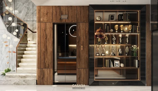 Nội thất phòng khách hiện đại, sang trọng với kệ trưng bày độc đáo.