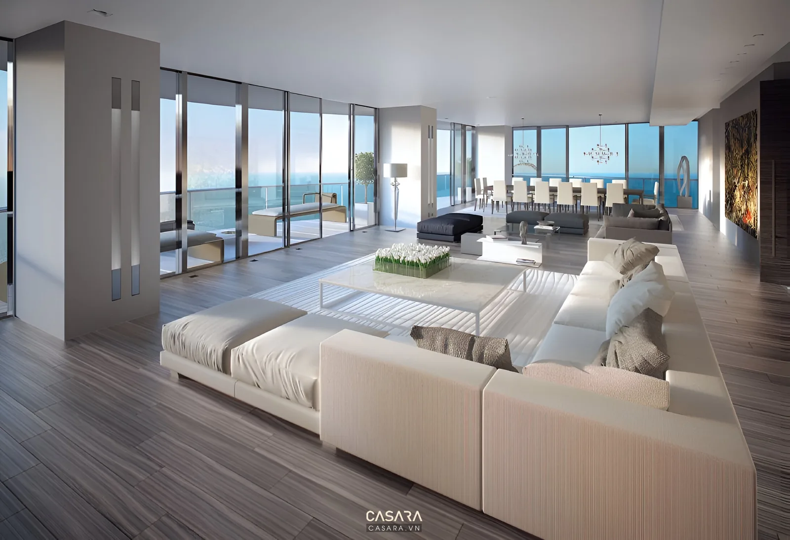 Không gian nội thất cao cấp có sofa lớn, cửa kính rộng và tầm nhìn thoáng