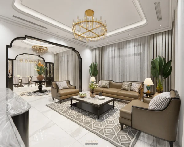 Phòng khách tân cổ điển sang trọng với nội thất tinh tế, ánh sáng ấm áp.