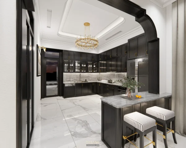 Phòng bếp hiện đại, sang trọng với tông màu đen trắng chủ đạo.