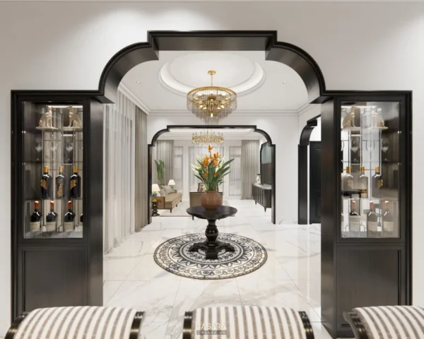 Nội thất phòng khách sang trọng, cổ điển với đèn chùm pha lê lộng lẫy.