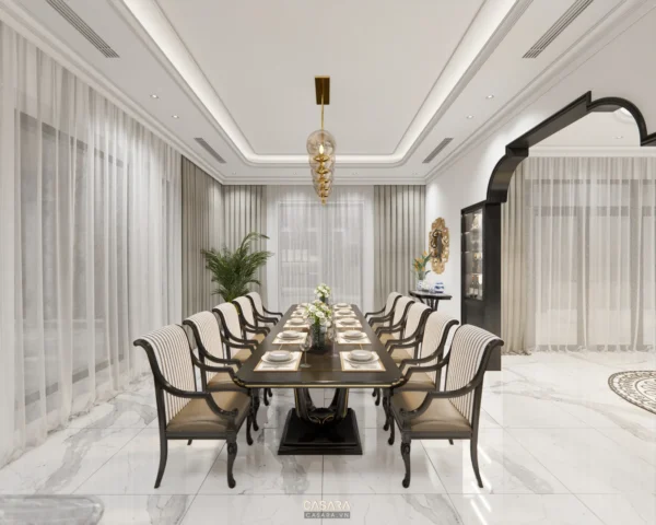 Phòng ăn sang trọng, hiện đại với nội thất gỗ và ánh sáng vàng ấm áp.