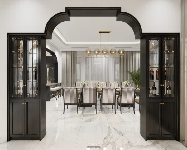 Phòng ăn sang trọng với thiết kế vòm đen tinh tế, hiện đại.