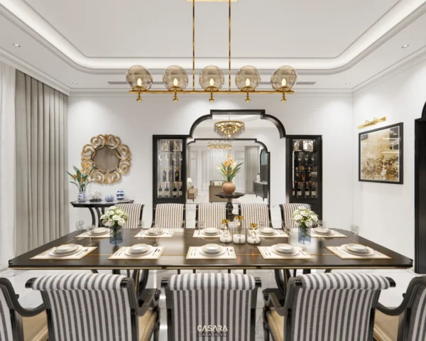 Phòng ăn sang trọng với thiết kế hiện đại, tông màu trắng chủ đạo.