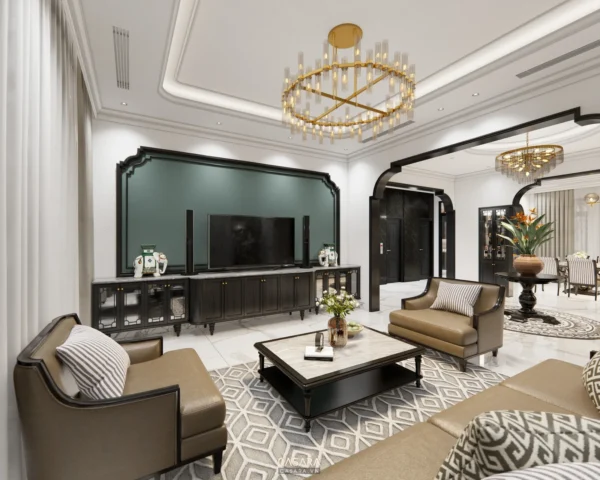 Phòng khách sang trọng với nội thất tối màu, đèn chùm ấn tượng.