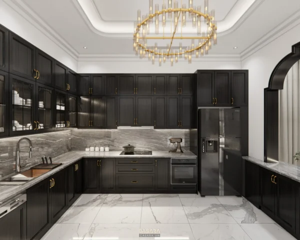 Phòng bếp hiện đại, sang trọng với tông màu đen và trắng chủ đạo.