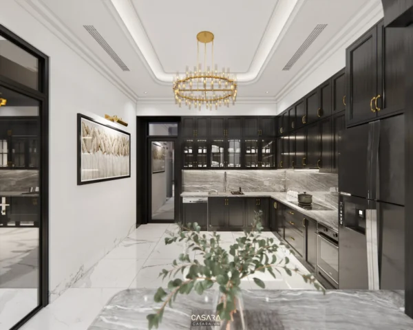 Phòng bếp hiện đại, sang trọng với tông màu đen trắng chủ đạo.
