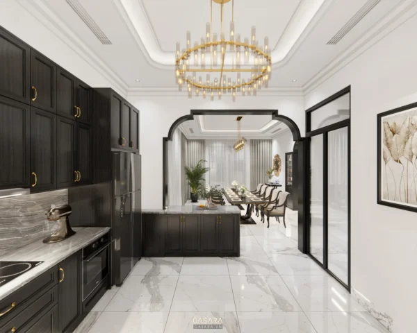 Phòng bếp và phòng ăn hiện đại, sang trọng với tông màu tối chủ đạo.