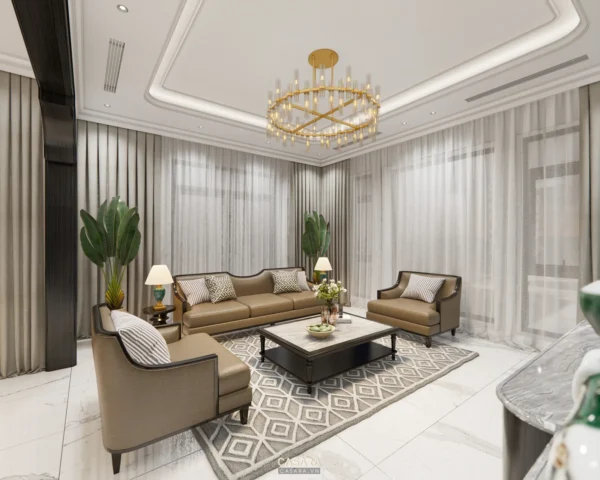 Phòng khách hiện đại, sang trọng với nội thất màu be ấm áp.