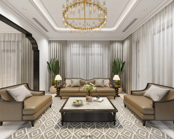 Phòng khách hiện đại, sang trọng với nội thất màu be và vàng.