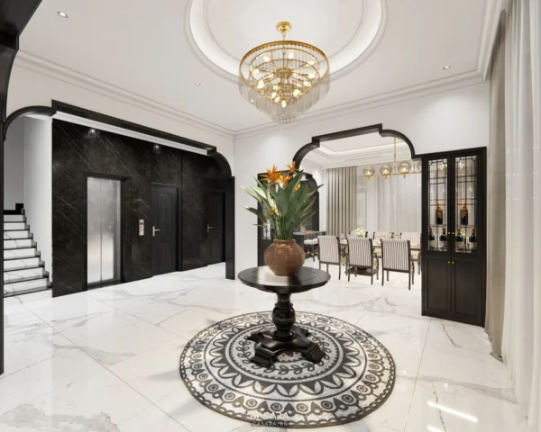 Phòng khách tân cổ điển sang trọng với nội thất đen trắng tinh tế.