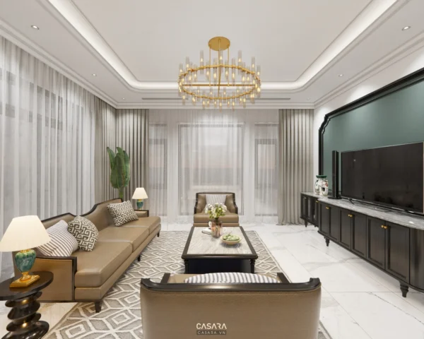Phòng khách hiện đại, sang trọng với nội thất tinh tế, ánh sáng ấm áp.