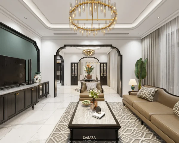 Phòng khách hiện đại, sang trọng với thiết kế mở và nội thất tinh tế.