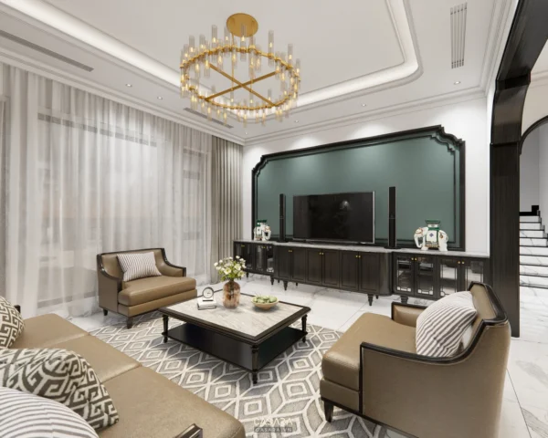 Phòng khách sang trọng với đèn chùm và nội thất hiện đại.