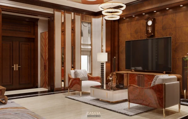 Phòng khách sang trọng với nội thất gỗ và tông màu ấm áp.