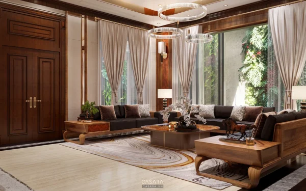 Phòng khách sang trọng với nội thất gỗ và khung cửa kính lớn.