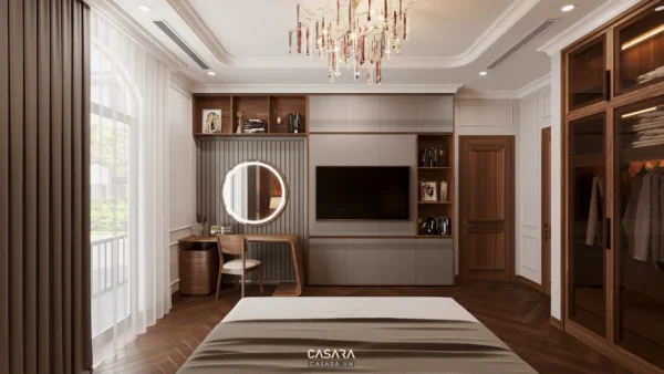 Phòng ngủ hiện đại, sang trọng với tủ âm tường và bàn trang điểm.