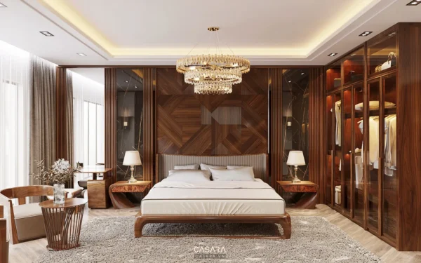 Phòng ngủ sang trọng với nội thất gỗ ấm áp và đèn chùm hiện đại.