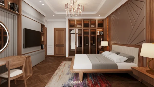 Phòng ngủ hiện đại, sang trọng với nội thất gỗ ấm áp.