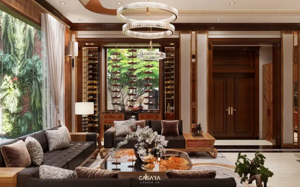 Phòng khách sang trọng với nội thất gỗ nâu, ánh sáng vàng ấm áp.