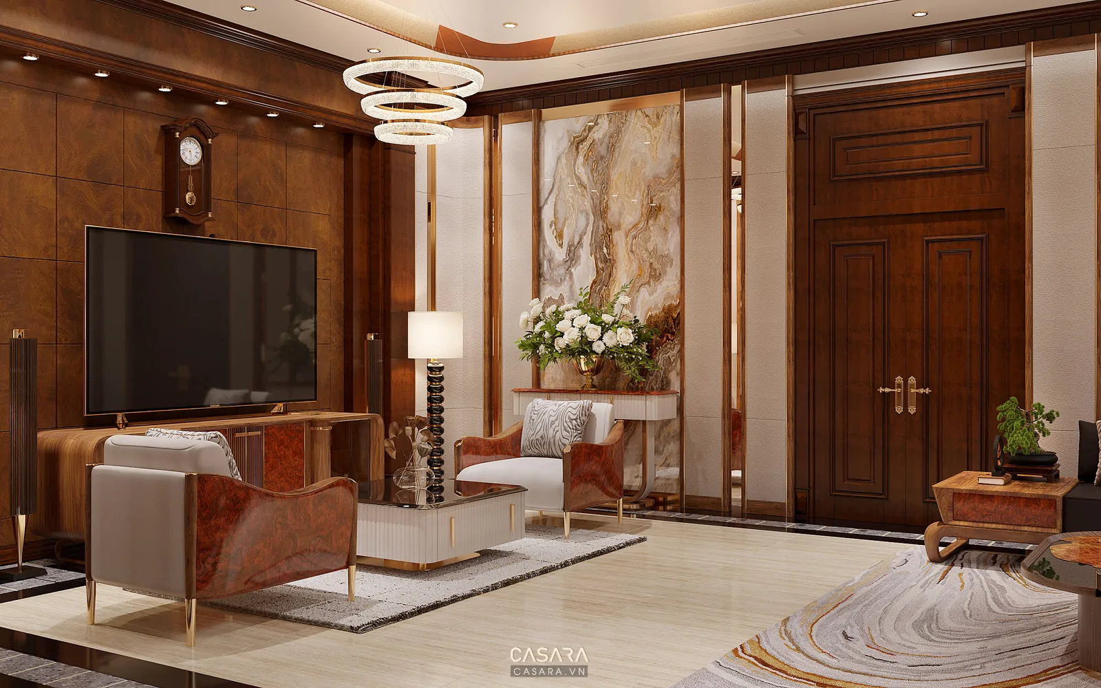 phòng khách sang trọng hiện đại với sofa chữ L và ghế đơn đọc sách