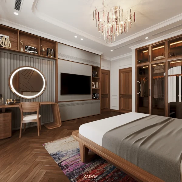 Phòng ngủ hiện đại, sang trọng với nội thất gỗ ấm áp và đèn chùm.
